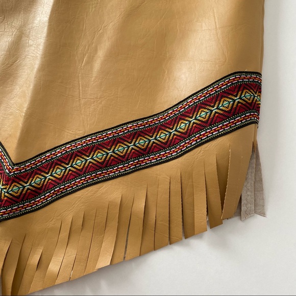 Vintage Native American Fringe Vegan Leather Sheath Dress Embroidery Tan Gold M - Picture 2 of 14